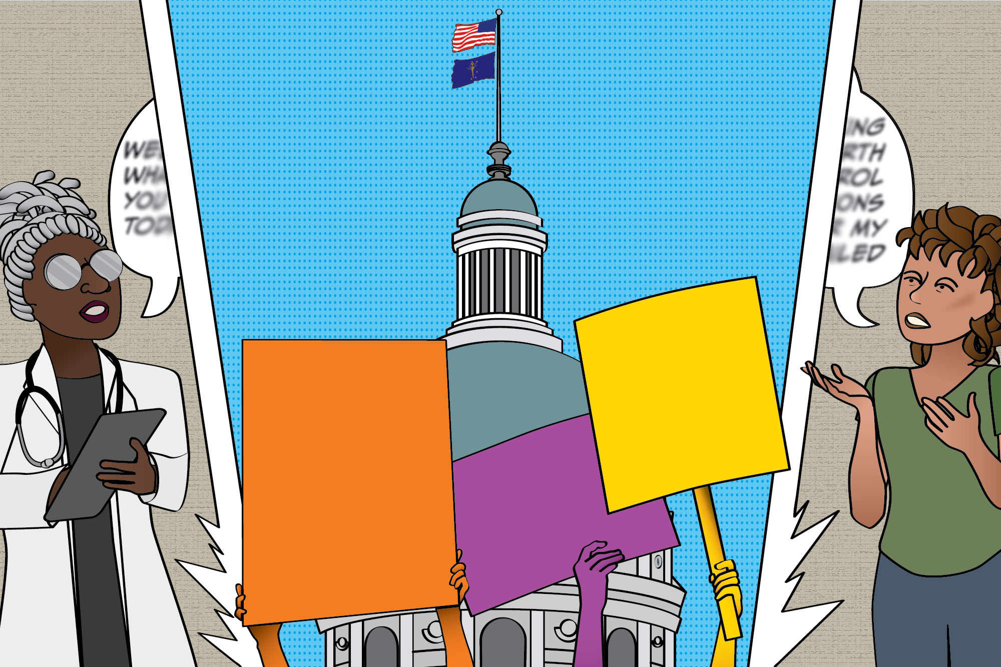 Students gather with signs on the steps outside of the Indiana Statehouse. The only poster not cut off by the crop says, I'll stop skipping school when you stop skipping the Climate Pact.